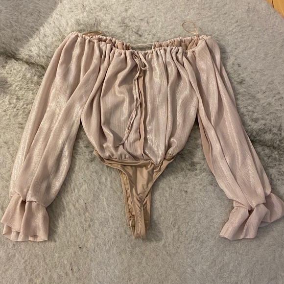 Peace + Love Nude Metallic Bardot Bodysuit Sz. 4 - Picture 5 of 11